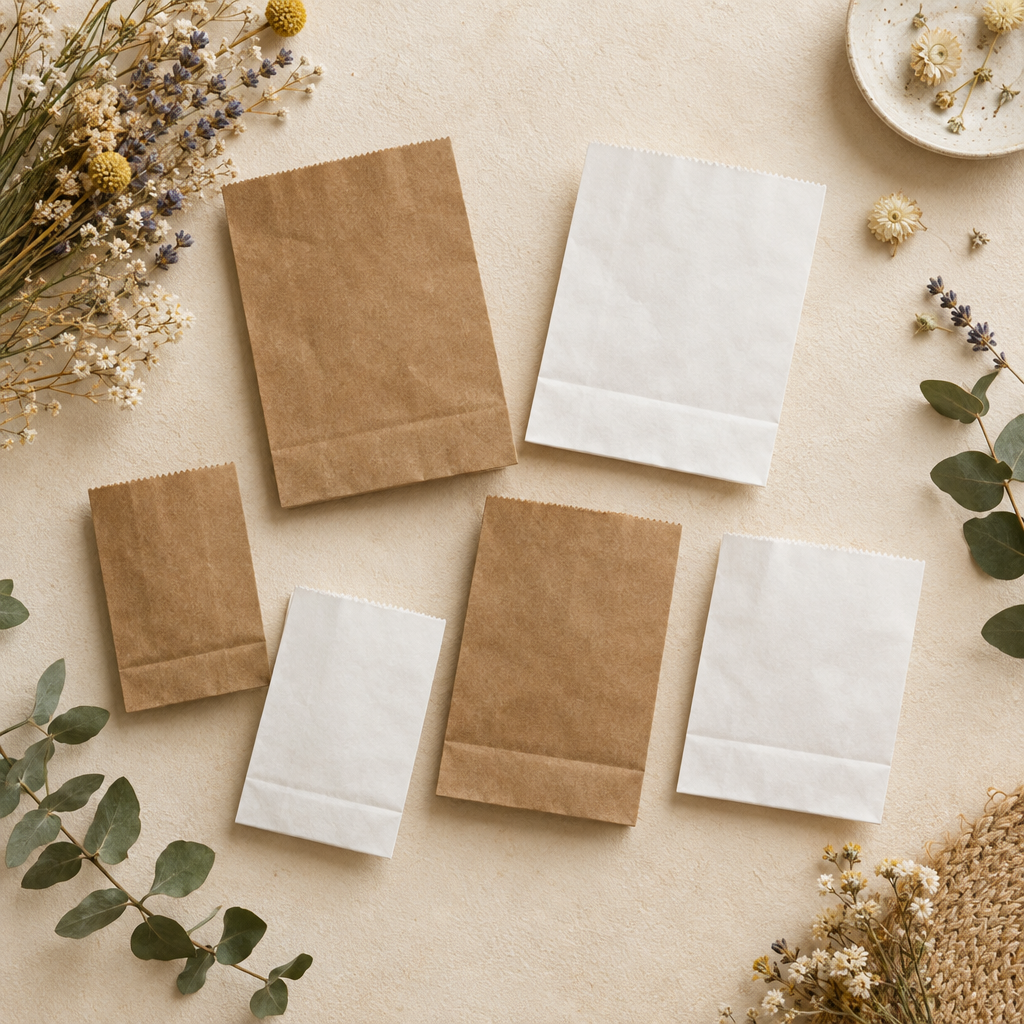 Flat lay kraft paper bags with dried flowers