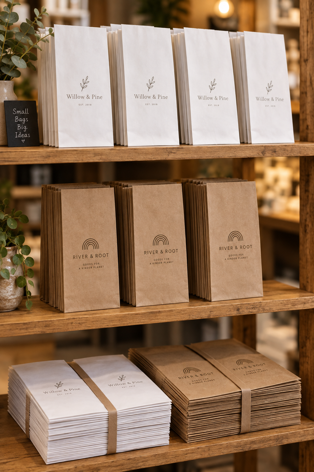 Kraft Paper Bags Without Handles – White & Brown, 2 Sizes, Custom Logo Print, Pack of 25–300